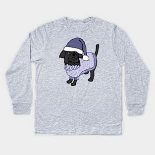 Cute Dog in Christmas Winter Sweater and Blue Hat Kids Long Sleeve T-Shirt